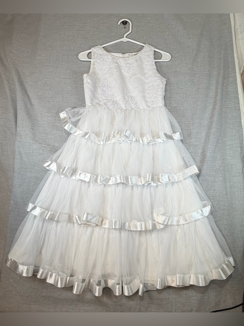 Emerald Gumdrops Flower Girl White Formal Tulle Dress with Satin Trim
